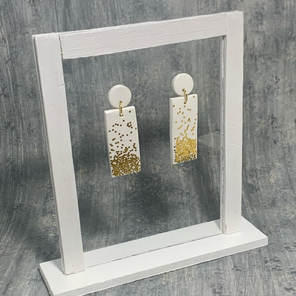 White Handcrafted Clay Earrings with Gold Glitter Details